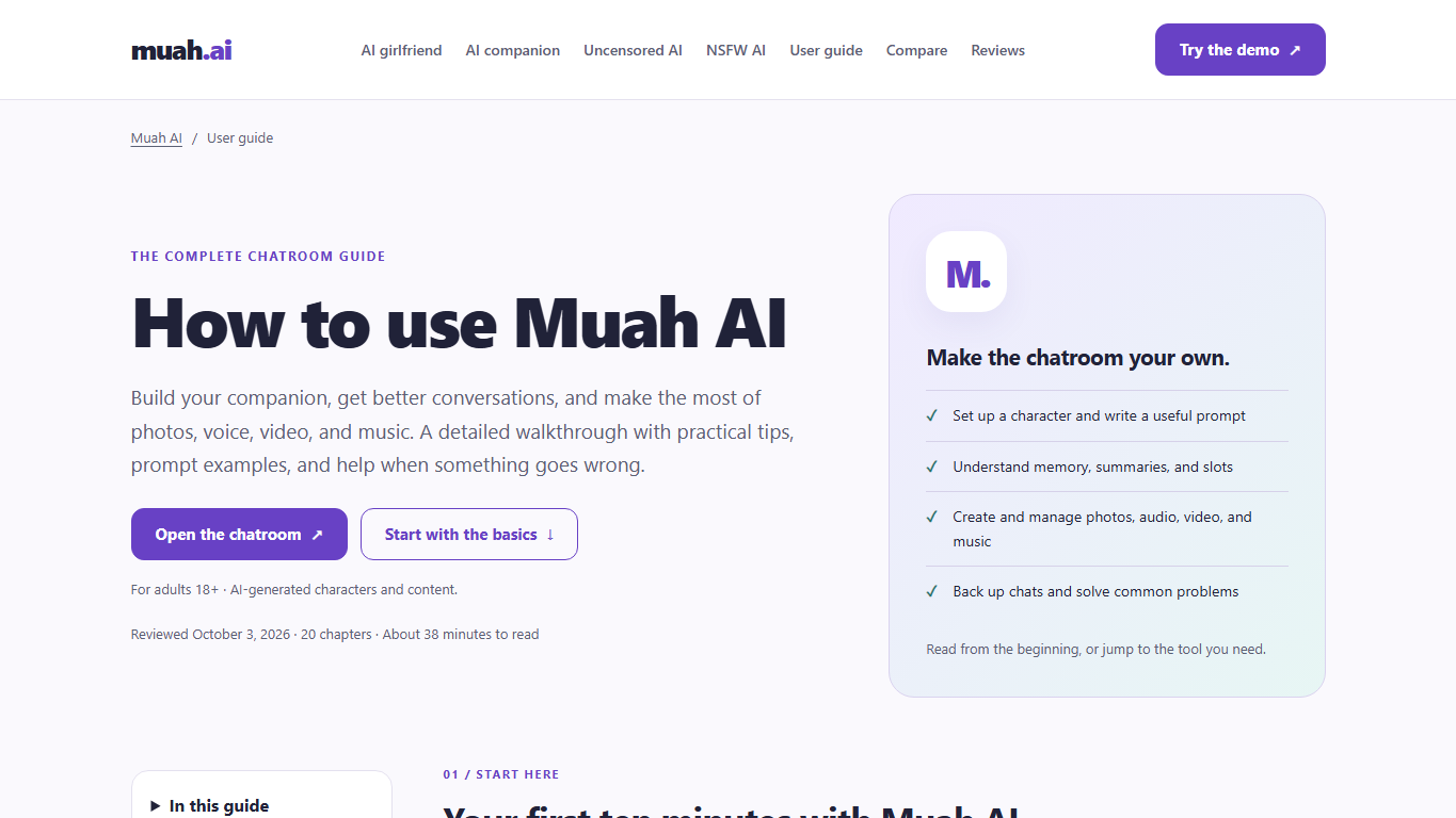 Website2Zip capture preview showing the heading and introductory section of Muah AI's public user guide