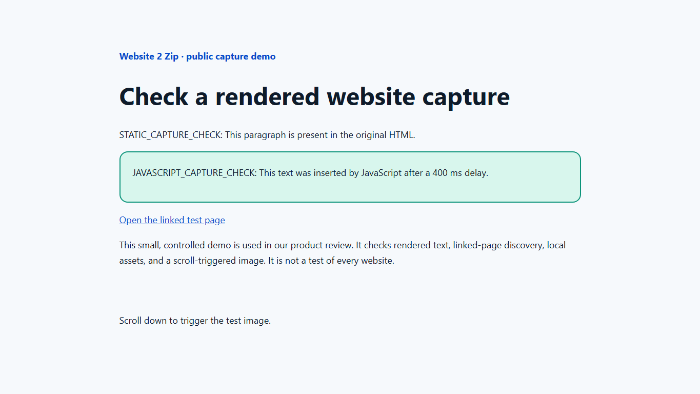 Website2Zip capture preview showing text inserted by JavaScript after the demo page loaded